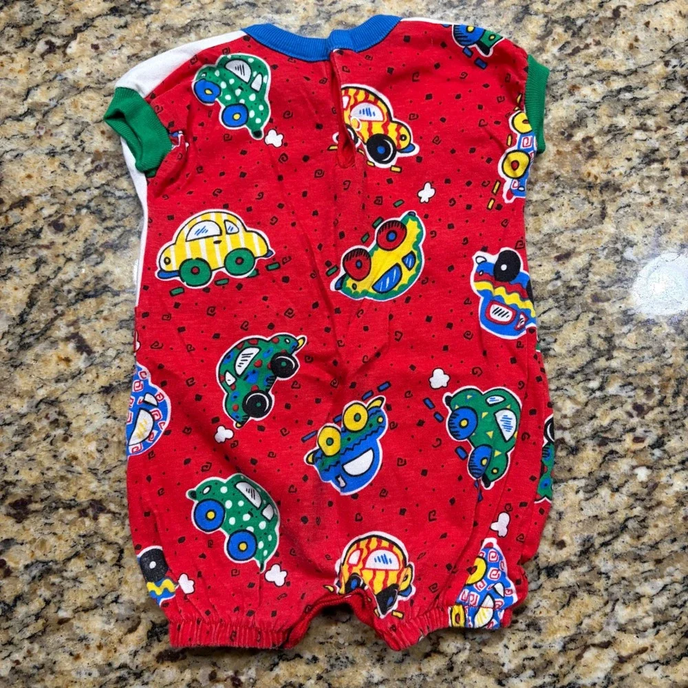 Vintage Buster Brown Baby Boy Car Print Romper Red White Blue 6-9M Short Sleeve
